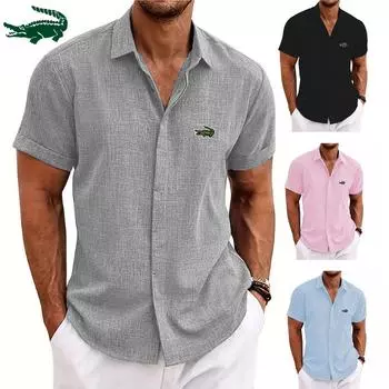 CARTELO новая летняя роскошная мужская свободная толстовка с вышивкой, хлопково-льняная рубашка, пляжная большая мужская рубашка с короткими рукавами S чёрный