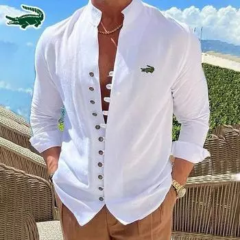 CARTELO/Новая мужская повседневная свободная рубашка с длинными рукавами из хлопка и конопли с вышивкой, весна/лето S белый
