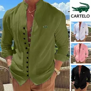 CARTELO/Новая мужская повседневная свободная рубашка с длинными рукавами из хлопка и конопли с вышивкой, весна/лето S белый