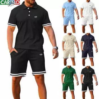 CARTELO Новые летние шорты с воротником-поло с вышивкой и короткими рукавами, комплект из двух предметов для спортивного и повседневного мужского комплекта M чёрный