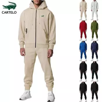 CARTELO осенне-зимний мужской плюшевый и толстый кардиган на молнии с двойным карманом и вышивкой, повседневный комплект с капюшоном и брюками