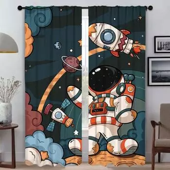 Carton Astronaut Anti-mosquito Curtains for Living Room Window Curtain Home Interior Curtains 2 Pieces Halloween Decoration W50xH70cmx2pcs-CL