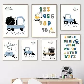 Cartoon Alphabet 123 Crane Excavator Tractor Wall Art Print Canvas Painting Nordic Poster Nursery Pictures Baby Kids Room Decor 21x30cm No Framed