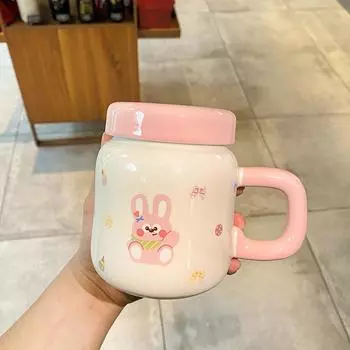 Cartoon Animal Ceramic Cup Cute Water Cup with Lid Mug Creative Water Bottle Cup Milk Cup Girl Gift 350ml