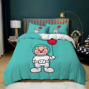 Cartoon Animal Duvet Cover Microfiber Pig Astronaut Red Bedding Set Space Universe Animal Theme King Quilt Cover EU Single 135x200cm