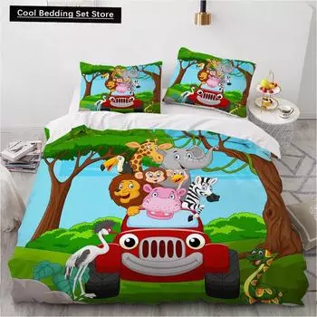 Cartoon Animal King Queen Duvet Cover Elephant Red Car Bedding Set for Kids Lion Monkey Wildlife 2/3pcs Polyester Quilt Cover EU single(135x200cm)