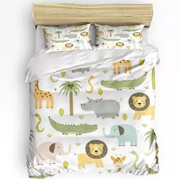 Cartoon Animal Lion Elephant Giraffe Duvet Cover 3pcs Bedding Set Home Textile Quilt Cover Pillowcases Room Bedding Set No Sheet EU single(135x200cm)