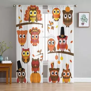 Cartoon Animal Owl Branches Leaves Tulle Sheer Window Curtains for Living Room Kitchen Children Bedroom Voile Hanging Curtain W135 x H114cm
