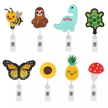 Cartoon Animal Retractable Badge Lanyard with Easy-Pull Buckle and Embroidered Patch