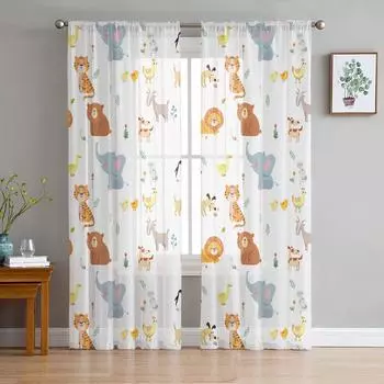 Cartoon Animal Tiger Lion Elephant Penguin Sheer Curtains for Living Room Decor Window Curtains Kitchen Tulle Voile Curtains W135 x H115cm x1