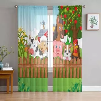 Cartoon Animals Farm Sheer Curtains Living Room Window Tulle Curtains For Bedroom Kitchen Home Decoration Voile Drapes W135 x H115cm x1&Rod Pocket
