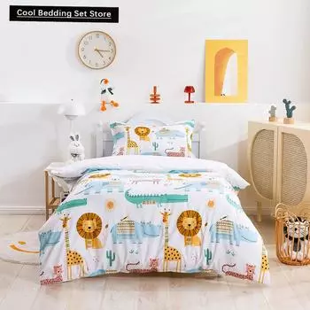 Cartoon Animals King Queen Duvet Cover Lion Giraffe Crocodile Bedding Set for Kids Boys Wildlife 2/3pcs Polyester Quilt Cover EU single(135x200cm)