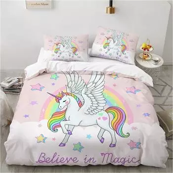 Cartoon Animals Pink Duvet Cover 3D Flamingo Unicorn Dancing Girls Bedding Set Twin Full Size For Teens Kids Girls Bedroom Decor 135x200cm 2pcs