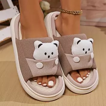 Cartoon Animation Bear House Slippers Women Autumn Winter Soft Sole Cute Hemp Slippers Woman Indoor Non-Slip Flat Heels Slides 36-37