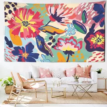Мультяшное искусство Цветочный гобелен Настенный гобелен Хиппи Тапиз Растение Простота Кавайи Эстетика Комната Домашний Декор 95x70CM