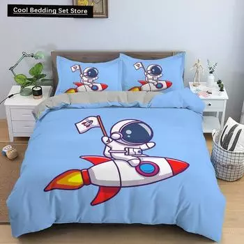 Cartoon Astronaut King Queen Duvet Cover Kawaii Spacecraft Bedding Set for Kids Outer Space Blue 2/3 Pcs Polyester Quilt Cover EU single(135x200cm)