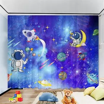 Cartoon Astronaut Space Travel Curtain, Astronaut Villain Cartoon Planet A Set Of Two, Home Bedroom Living Room Curtain. 50W130H(CM)X2PCS&Grommet Top