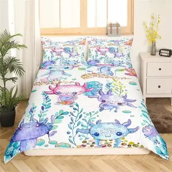 Пододеяльник с изображением мультяшного аксолотля для детей, мальчиков и девочек, аксолотль, прибрежный океан, морская жизнь, постельное белье, украшение для спальни, размер Queen 135x200cm 2pcs