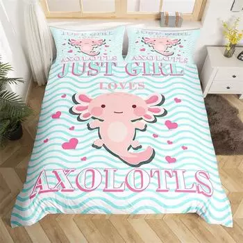 Cartoon Axolotl Duvet Cover Full For Kids Boys Girls Toddlers Kawaii Axolotl Bedding Set Cute Sea Weed Coastal Comforter Cover EU single(135x200cm)