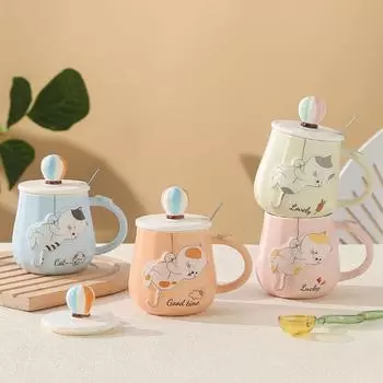 Мультяшный воздушный шар, кошка, рельефный дизайн, кружка, объемная, большая керамическая чашка, питьевая вода, молоко, кофейная чашка 470ml синий