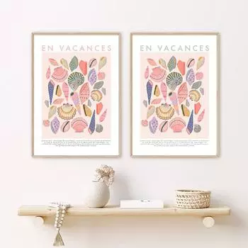 Мультфильм Пляж Французские Ракушки Натюрморт Ботанический Настенный Арт Холст Скандинавские Плакаты И Принты Живопись Картины Для Декора Ванной Комнаты 21x30cm No Framed белый