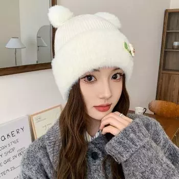 Cartoon bear ears plush ear protection hat winter cute warm furry knitted hat shows small face M56-59cm хаки