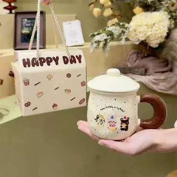 Cartoon Bear Gift Box Mug, Japanese Ceramic Cup with Lid Spoon Household Breakfast Milk Mugs Birthday Gift Water Drinkware 401-500ml