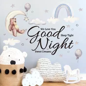 Cartoon Bear Sleeping on The Moon and Stars Wall Stickers for Kids Room Baby Room Decoration Wall Decals Room Interior