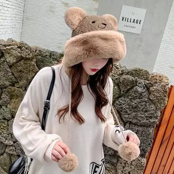 Мультяшный медведь бархатная защитная шапка для ушей милый подвесной мяч утолщенные теплые женские шапки мягкие норковые меховые лыжные пуловеры шапки для велоспорта one size