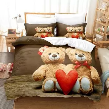 Cartoon Bears Bedding Set Cute Teddy Bear 200x200 Duvet Cover Set Pillowcases Queen Single Double Size Bed Linen For Kids Lovers EU single(135x200cm)