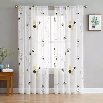 Cartoon Bee Cute Square Pattern Tulle Sheer Curtains for Living Room Decoration Window Curtain for Bedroom Voile Organza Drapes W135 x H115cm x1&Rod Pocket