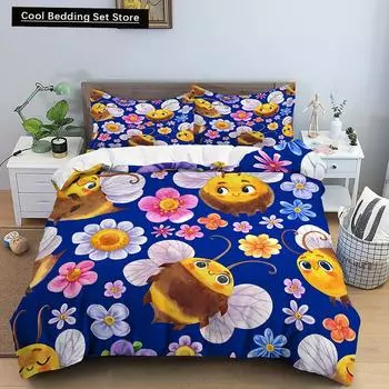 Cartoon Bee Duvet Cover King Queen Lovely Yellow Flying Animal Bedding Set for Kids Boys Girls Beautiful Flowers Comforter Cover EU single(135x200cm)