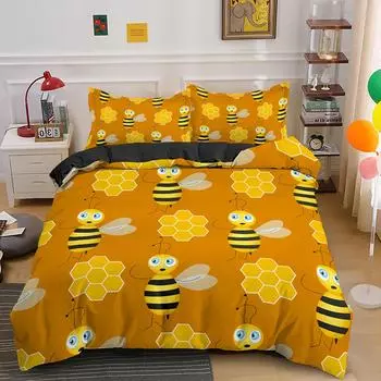 Cartoon Bee Duvet Cover Lovely Yellow Flying Animals Theme for Kids Boys Girls Gifts Women Beautiful Flowers Bedroom Decoration 70x133cm 2pcs