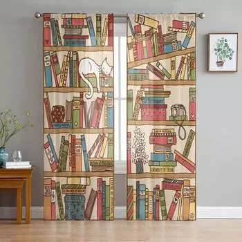 Мультяшная книжная полка Спящий кот Тюль Прозрачные шторы для гостиной Украшения оконные шторы для спальни Вуаль Органза Шторы W135 x H115cm x1&Rod Pocket