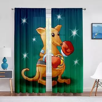 Cartoon Boxing Kangaroo Sheer Curtains for Living Room The Bedroom Cute Animal Voile Decorative Curtain Drapes Tulle Curtains 1 PCS W100XH250cm&Rod Pocket