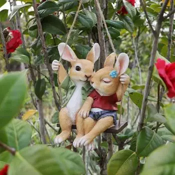 Cartoon Bunny Statue Pendant Cute Miniatures Figurine Swing Couple Rabbit Ornament Outdoor Couple Rabbit