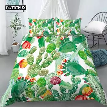 Cartoon Cactus Pattern Duvet Cover Green Plants Quilt Cover Soft Comfortable Duvet Cover for Women Men Kids Bedroom Decoration EU single(135x200cm)
