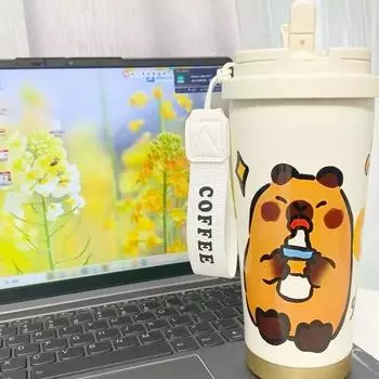 Cartoon Capybara Thermal Cup 530ml Travel Coffee Mug Portable Students Insulated Water Bottle 01