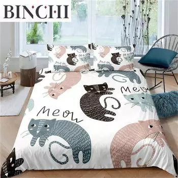 Cartoon Cat Dogs Bedding Set Cartoon Kittens Animals Pet Microfiber Duvet Cover For Women Children Kids Girls Bedroom Decoration EU single(135x200cm)