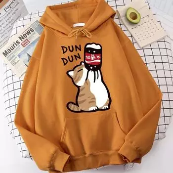 Cartoon Cat Drink Salary Increase Beverages Hooded Jacket Casual Cartoon Hoodies Pleasure Sweatshirts Home Harajuku Tops Hoodies & Sweatshirts Women s S бежевый