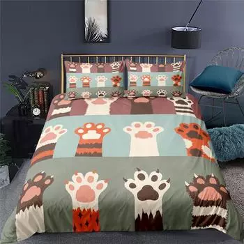 Cartoon Cat Duvet Cover King Queen Lovely Kitty Feet Pattern Bedding Set for Kids Boys Girls Animal 2/3pcs Polyester Quilt Cover 70x133cm 2pcs