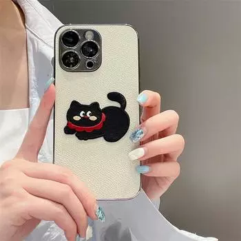 Cartoon Cat Patch Tide Electroplated Leather Grain Anti-fall Case for Apple 15ProMax, 14, and 13Pro Mobile Phones iPhone 12 Pro