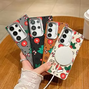 Cartoon Christmas Hat Pattern for Magsafe Magnetic Case for Samsung S24 Ultra S23 S22 Plus S21 S20 Fe Leather Texture Shockproof Soft Tpu Square Cover Samsung S24 FE чёрный