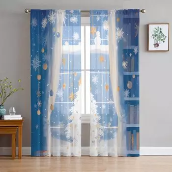 Мультяшные рождественские елки, растения, книги, прозрачные шторы, современные газовые шторы для гостиной, спальни, вуаль, пряжа, шторы W135 x H114cm