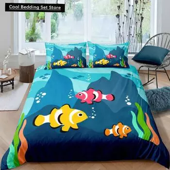 Cartoon Clownfish King Queen Duvet Cover Tropical Marine Life Quilt Cover Underwater World Bedding Set Polyester Comforter Cover EU single(135x200cm)