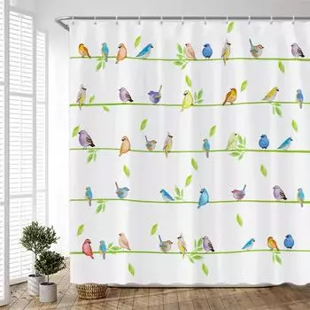 Cartoon Colorful Birds Shower Curtains Creative Design Watercolor Printing Chinese Style Cloth Bathroom Curtain Set Simple Decor 90x180cm-35x70in