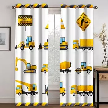 Cartoon Curtains Blinds for Boys Room Kitchen Windows, Ready-made Treatment, Excavator, Bulldozer, Truck, Excavator, Long, Blind 100W160H(CM)40x63in&Hook