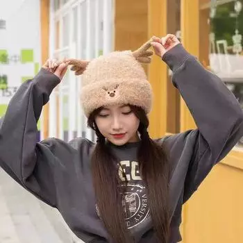 Cartoon cute antlers plush knitted hat for men and women autumn and winter thickened warm ear protector wool hat чёрный