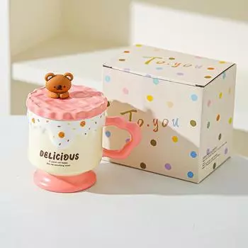 Cartoon Cute Bear Cookies Ceramic Cup with Lid High Value Office Water Cup Souvenir Gift Mug 301-400ml