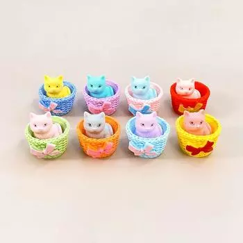 Cartoon Cute Flower Basket Kitten Miniature Landscape Ornaments Desktop Ornament Resin Craft Home Office Decoration Accessories